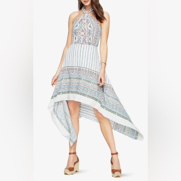 $298‼️ BCBGMAXAZRIA HALTER SCARF FLOWY SEXY WEDDING PARTY DRESS ASYMMETRICAL 0 - Picture 3 of 5